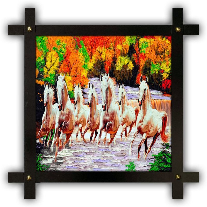 Poster N Frames Cross Wooden Frame Hand-Crafted with photo of vastu 7 (Seven) Horse 18162 crossframe Digital Reprint 16.5 inch x 16.5 inch Painting  (With Frame)
