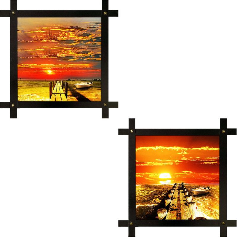 Poster N Frames 2(two) Hand-Crafted Decorative Style Wooden Frame with photo of sunrise scenery each Size :16.5X16.5-inch (42x42-cm) Digital Reprint 16.5 inch x 16.5 inch Painting  (With Frame, Pack of 2)