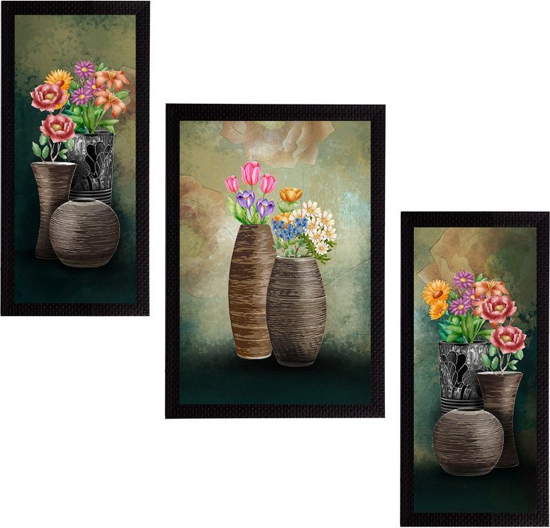 eCraftIndia Set of 3 Botanical and Floral Satin Matt Textured UV Art Ink 14 inch x 30 inch Painting  (With Frame)