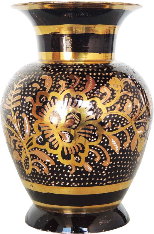 Brass Gift Center Flower pot with handwork colour Brass Vase  (5.5 inch, Yellow, Black)