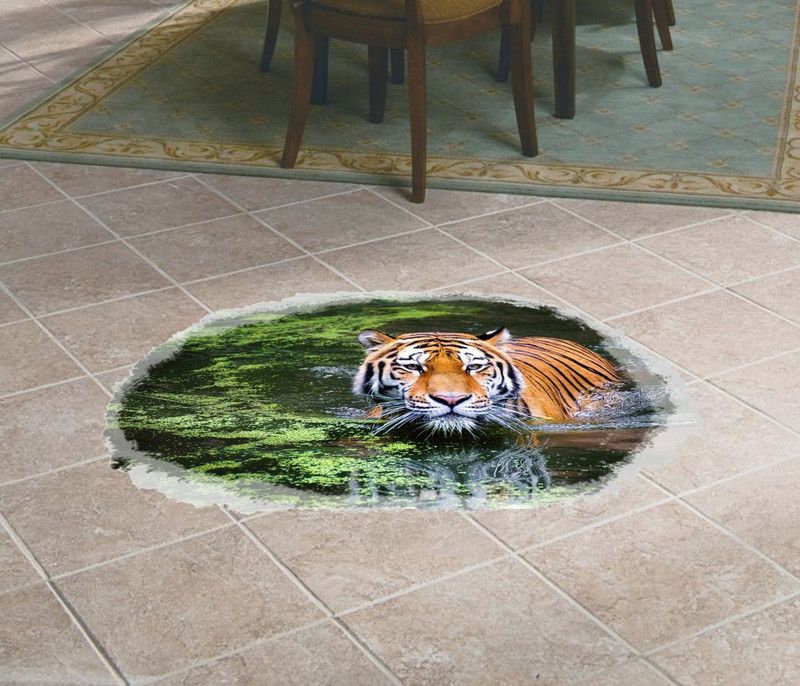 Varadvinayak 60 cm Extremely Marvelous stunning tiger in floor Hole, Medium self Adhesive Sticker Self Adhesive Sticker  (Pack of 1)