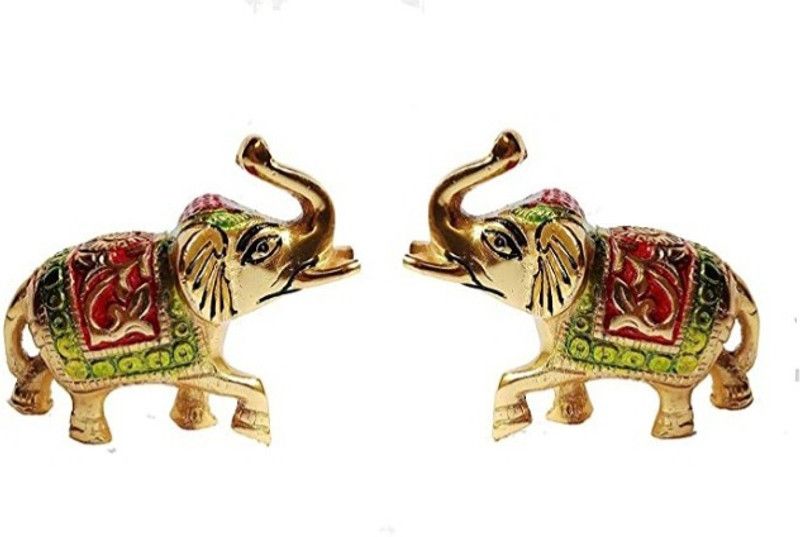 anil job works Handcrafted Trunk UP Elephant Set of 2 | Beautiful Multicolour Elephant Pair for Home Decor and Gifts Decorative Showpiece - 7 cm  (Aluminium, Multicolor)