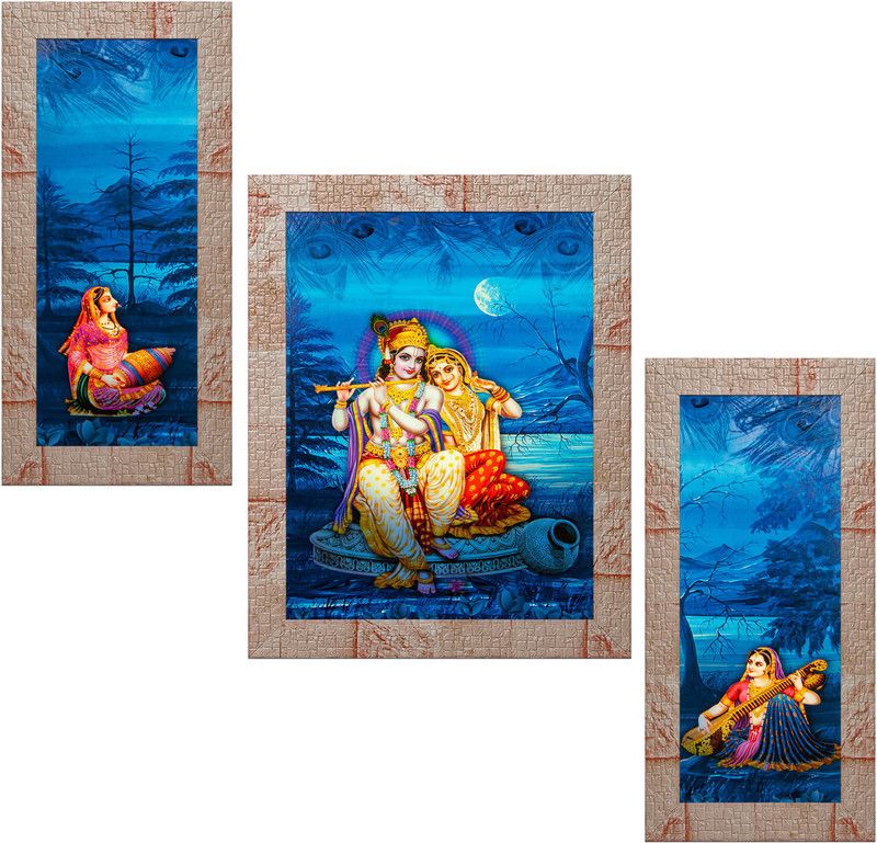 Indianara Set of 3 Radha Krishna Framed Art Painting (2463MR) without glass (6 X 13, 10.2 X 13, 6 X 13 INCH) Digital Reprint 13 inch x 10.2 inch Painting  (With Frame, Pack of 3)