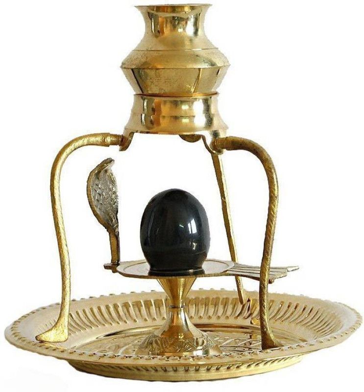 Shiv Brass Shivling with Sheshnag and Black Stone Ling 4 inchs Decorative Showpiece - 15 cm  (Brass, Gold)