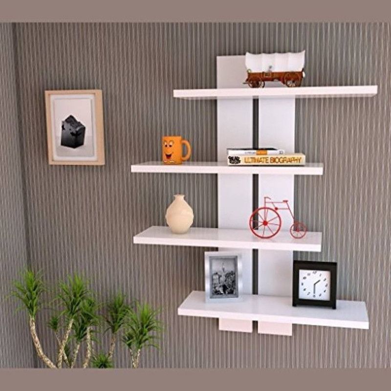 ONLINECRAFTS wooden wall shelf full ( WHITE ) dubal patti Wooden Wall Shelf  (Number of Shelves - 4, White)