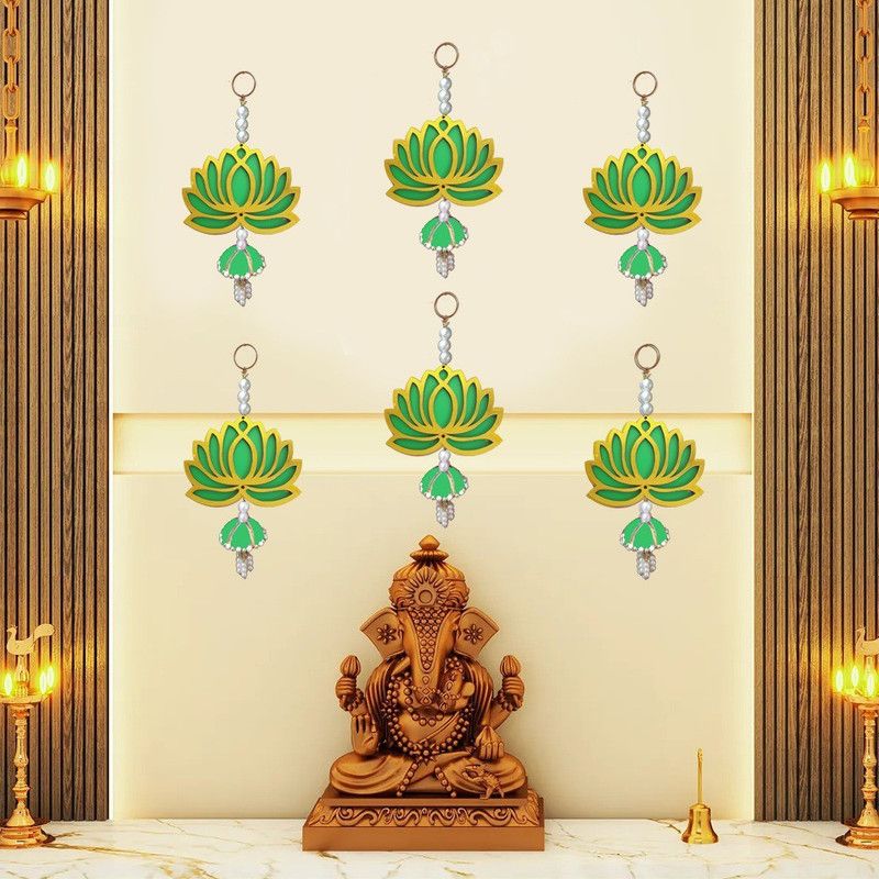 GIFT JAIPUR Green Lotus Wall Hanging Jhumka Latkan Diwali Home Temple Door Toran Decoration Pack of 6  (Green)
