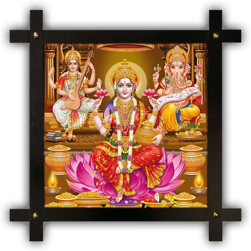 Poster N Frames Cross Wooden Frame Hand-Crafted with photo of Diwali Puja (laxmiji, Ganeshji,Saraswatiji) 20653-crossframe Digital Reprint 16.5 inch x 16.5 inch Painting  (With Frame)