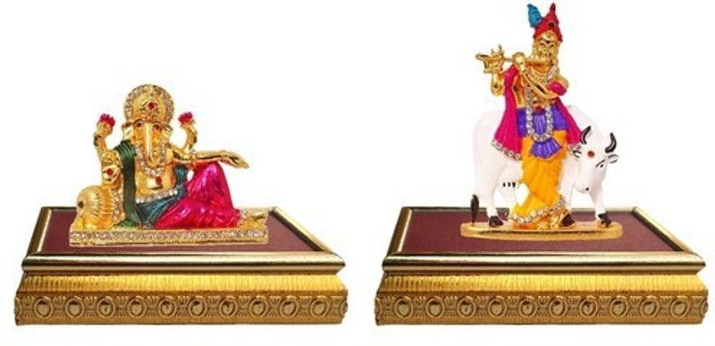 BEI Set of 2 with wooden base God Ganesh Idol Statue & Lord Krishna Idol Krishan statue God makhan chor / Balgobal Spiritual Puja Vastu Fegurine Decorative Showpiece - 10 cm  (Brass, Multicolor)