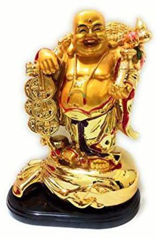 Jakha Feng Shui Laughing Buddha Coin Decorative Showpiece - 9 cm  (Polyresin, Gold)
