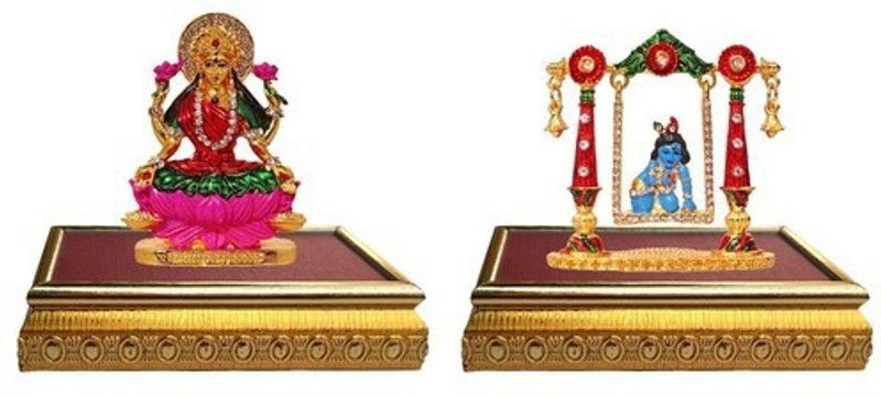 BEI Set of 2 with wooden base Goddess lakshmi Idol God Statue & Lord Krishna Idol Krishan statue God makhan chor / Balgobal Spiritual Puja Vastu Fegurine Decorative Showpiece - 10 cm  (Brass, Multicolor)