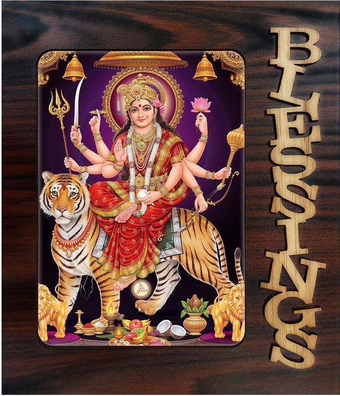 Poster N Frames Decorative Blessings Hand Crafted Wooden table with photo of Maa Durga 20146 Digital Reprint 9 inch x 7.75 inch Painting  (With Frame)