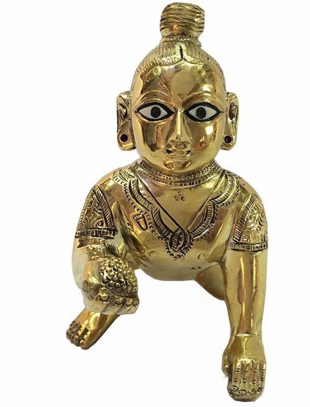 Idolsplace Fine Brass Laddu Gopal/ Little Krishna Idol Statue 800gms Decorative Showpiece - 13 cm  (Brass, Gold)