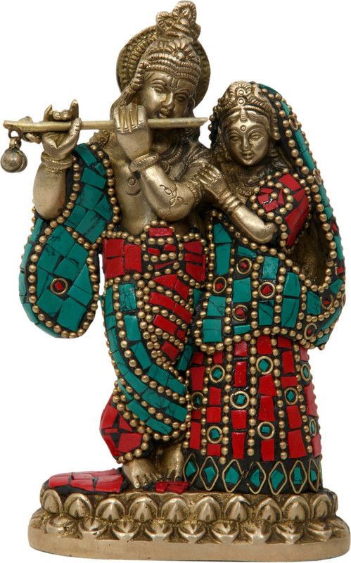 Aesthetic Decors Radha Krishna Standing With Stone Work Decorative Showpiece - 15.2 cm  (Wood, Multicolor)