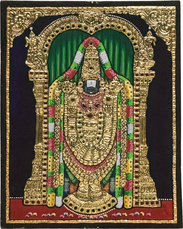 Mangala Arts Perumal Tanjore Painting, 24 Carat Gold Foil Painting Natural Colors 12 inch x 10 inch Painting  (With Frame)
