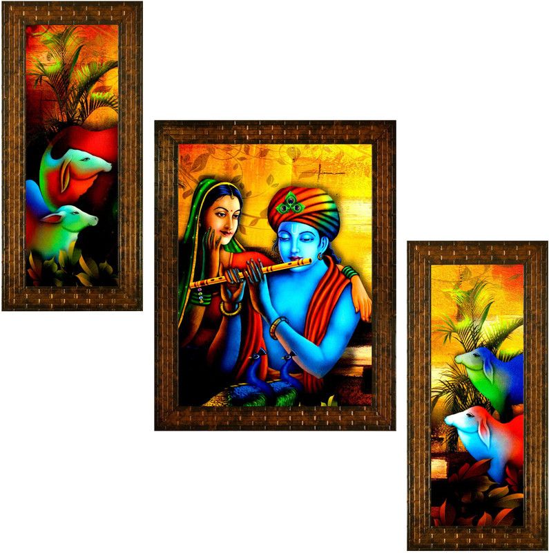 Indianara SET OF 3 RADHA KRISHNA PAINTING (2554) Digital Reprint 13 inch x 10.2 inch Painting  (With Frame, Pack of 3)