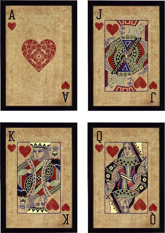 Ritwika's Set Of 4 Premium Artwork Of King, Queen, Jack and Ace Of Heart | Wall Paintings Digital Reprint 13.5 inch x 9.5 inch Painting  (With Frame, Pack of 4)