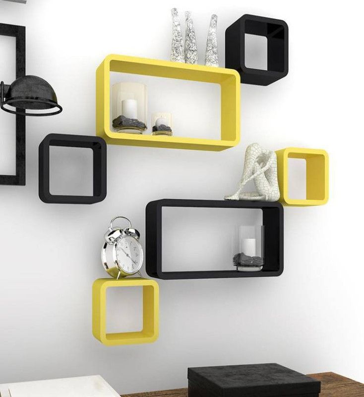 ArtfulCrafts Wooden Wall Shelf (Number of Shelves - 6 Black Yellow) Wooden Wall Shelf  (Number of Shelves - 6, Black, Yellow)