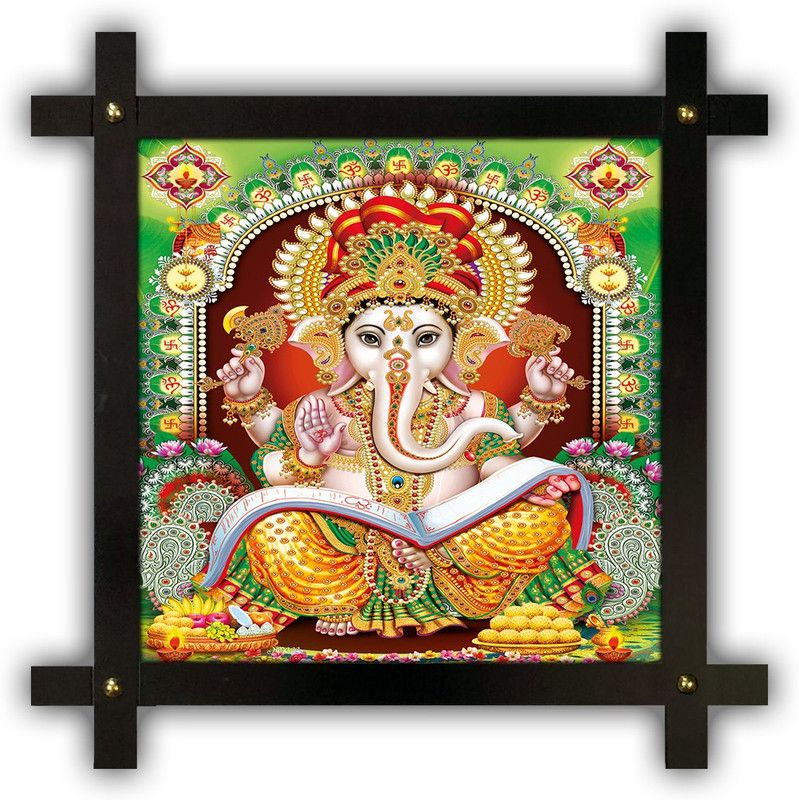Poster N Frames Cross Wooden Frame Hand-Crafted with photo of Ganeshji (ganpati) 14794-crossframe Digital Reprint 16.5 inch x 16.5 inch Painting  (With Frame)