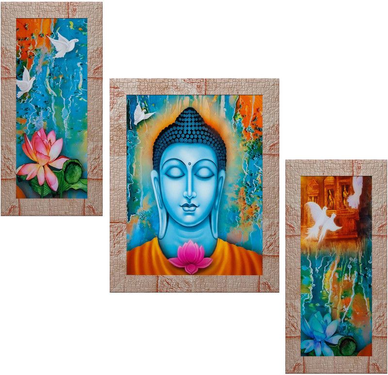 Indianara Set of 3 "Gautam Buddha" Framed Painting (3488MR) without glass 6 X 13, 10.2 X 13, 6 X 13 INCH Digital Reprint 13 inch x 10.2 inch Painting  (With Frame, Pack of 3)