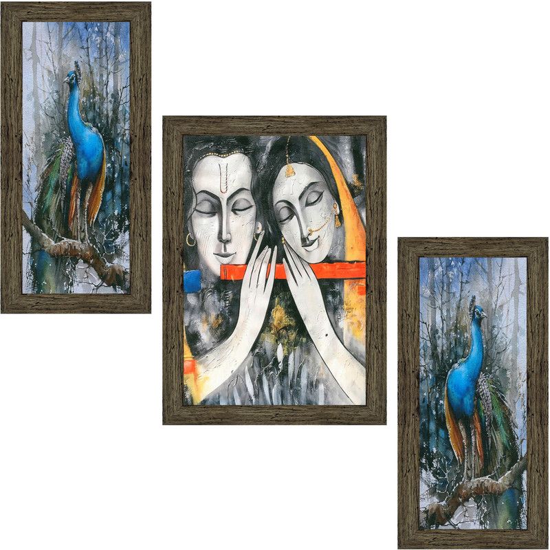 Indianara Set of 3 Radha Krishna with Peacocks Art Painting (4191EBY) without glass Digital Reprint 13 inch x 10.2 inch Painting  (With Frame, Pack of 3)