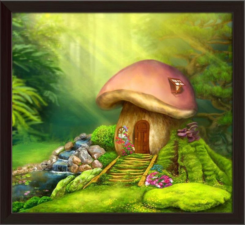 Artzfolio Fantasy Mushroom Cottage On A Colorful Meadow D1 Canvas Painting Dark Brown Synthetic Frame 17.5inch x 16inch (44.4cms x 40.6cms) Digital Reprint 16 inch x 17.5 inch Painting  (With Frame)