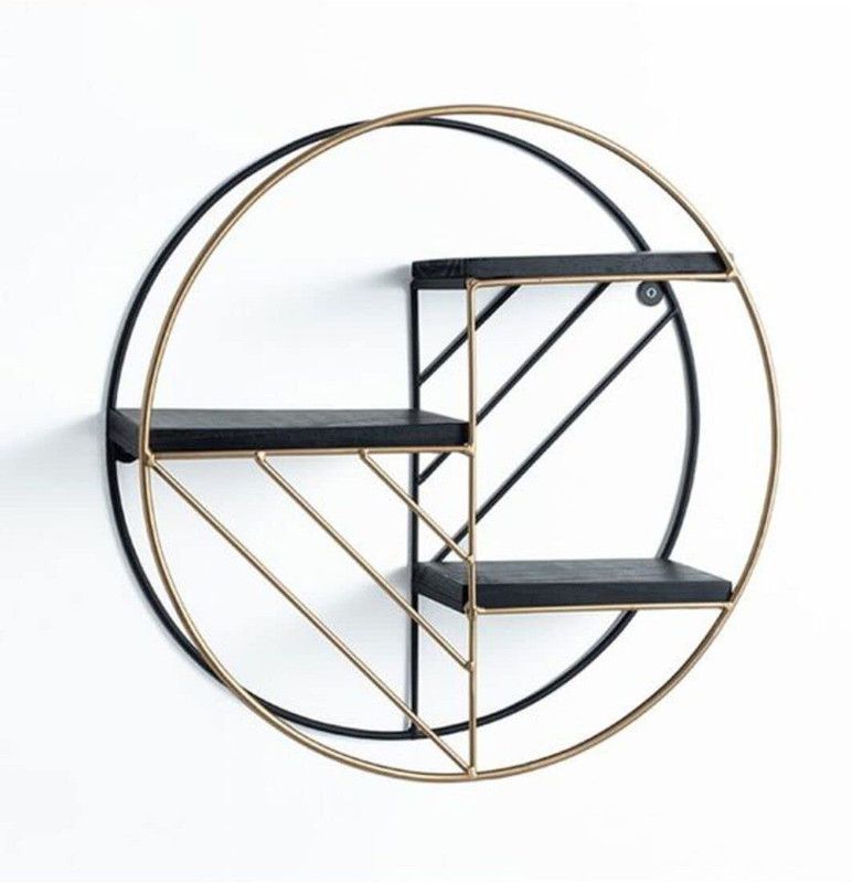 DDecorware Modern Round Shaped Wall Mount Shelf Iron, Wooden Wall Shelf  (Number of Shelves - 3, Gold, Black)