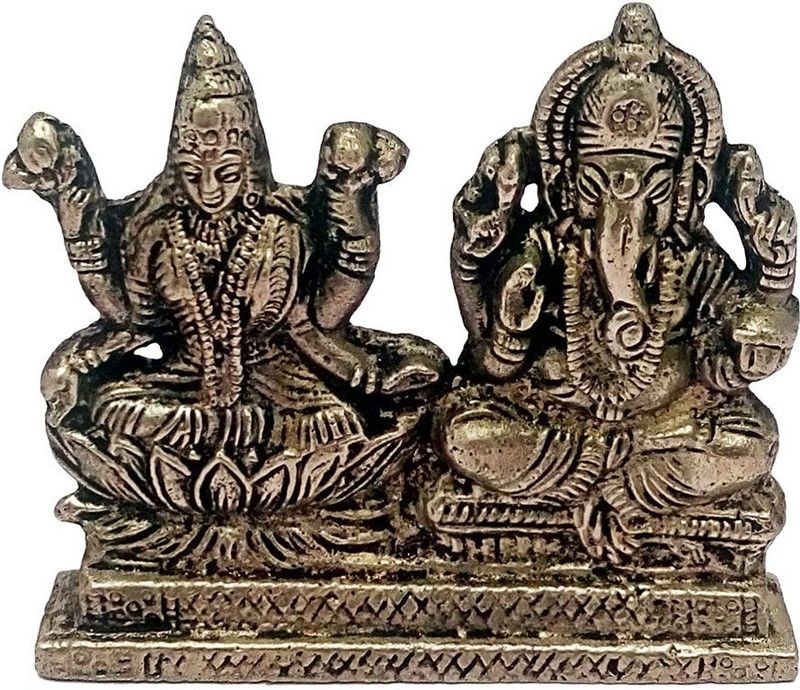 ART N HUB Lord Laxmi Ganesha / Goddess Laxmi , God Ganesh Idol Statue - Antique Look Home Decorative Handicraft Vastu Figurine for Mandir Gift Item Decorative Showpiece - 6 cm  (Brass, Yellow)
