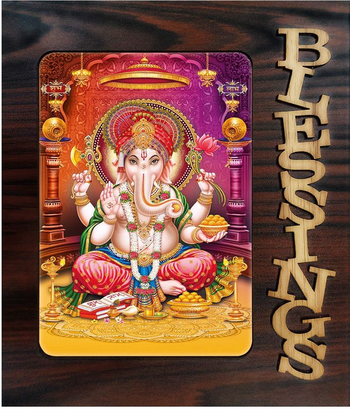 Poster N Frames Decorative Blessings Hand Crafted Wooden table with photo of Ganeshji 20673 Digital Reprint 9 inch x 7.75 inch Painting  (With Frame)