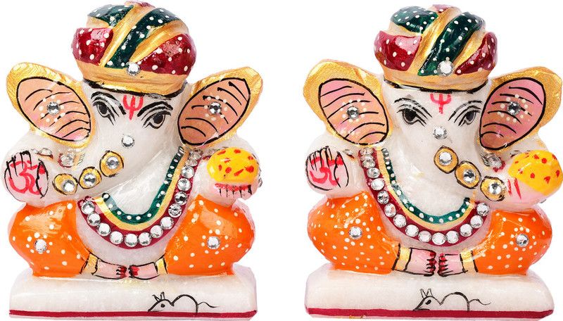 House of Bunda Designer Marble Ganesha Statue Rajasthani Handmade Meenakari Art Pair of 2 Decorative Showpiece - 8.89 cm  (Marble, Multicolor)