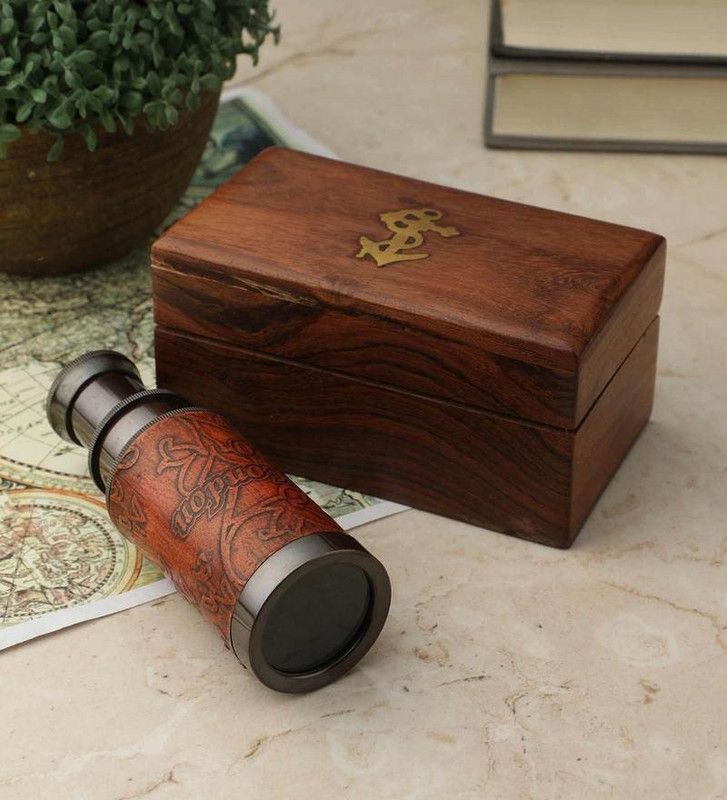 Flipkart Perfect Homes Nautical Décor Brass Leather Wrapped Dollond London Telescope with Sheesham Box Vintage Style Wooden Box - Height & Width 2.54 cm (1 inch) Length 15 cm (6 inches) Decorative Showpiece - 2.54 cm  (Brass, Brown)