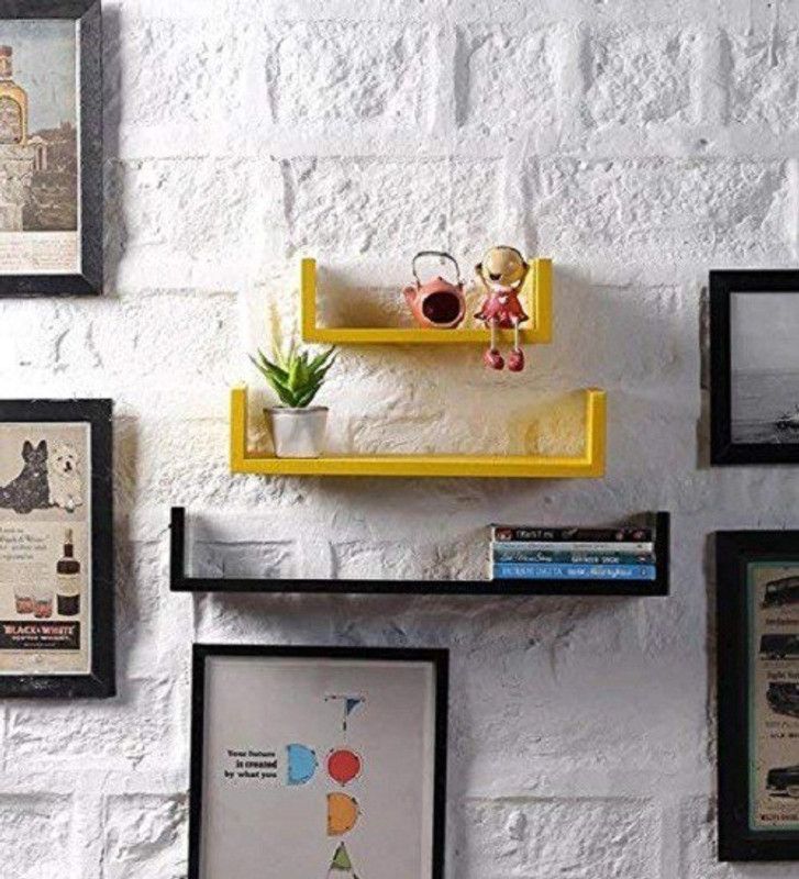 FABULO MDF U Shape Wall Shelves for Living Room Floating Shelf Wall Mounted Bookcase Wooden Display Racks Bedroom Home Décor Kitchen Walls Storage Unit Set of 3 MDF (Medium Density Fiber) Wall Shelf  (Number of Shelves - 3, Yellow, Black)