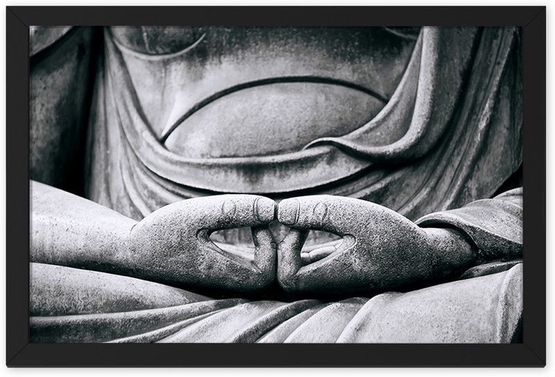 Ritwika's Black & White Lord Gautam Buddha Maditation Stone Wall Art Home Decorative Digital Reprint 9.5 inch x 13.5 inch Painting  (With Frame)