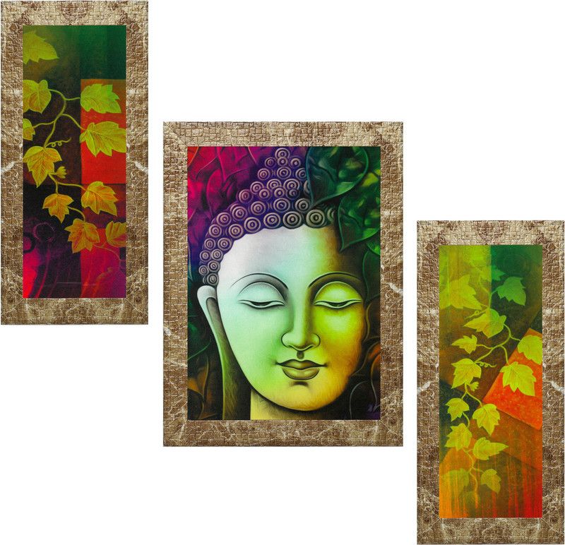 Indianara Set of 3 Gautham Buddha Framed Art Painting (3269MBR) without glass( 6 X 13, 10.2 X 13, 6 X 13 INCH) Digital Reprint 13 inch x 10.2 inch Painting  (With Frame, Pack of 3)
