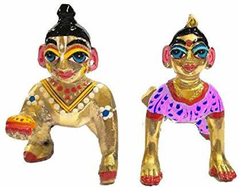Idolsplace Brass Hand Painted Baby Radha Rani with Laddu Gopal 1300gm Decorative Showpiece - 17 cm  (Brass, Gold)