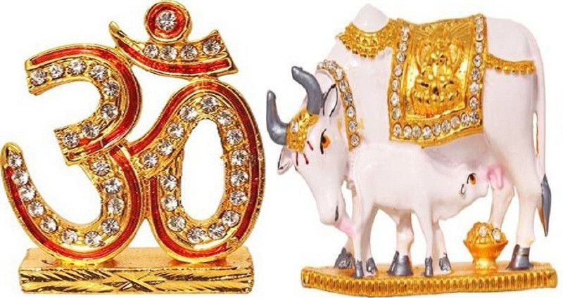 9facts Combo Of 2 Lord Shiva Symbol OM Sign Idol & Kamdhenu Cow Decorative Showpiece - 4 cm  (Brass, Gold)