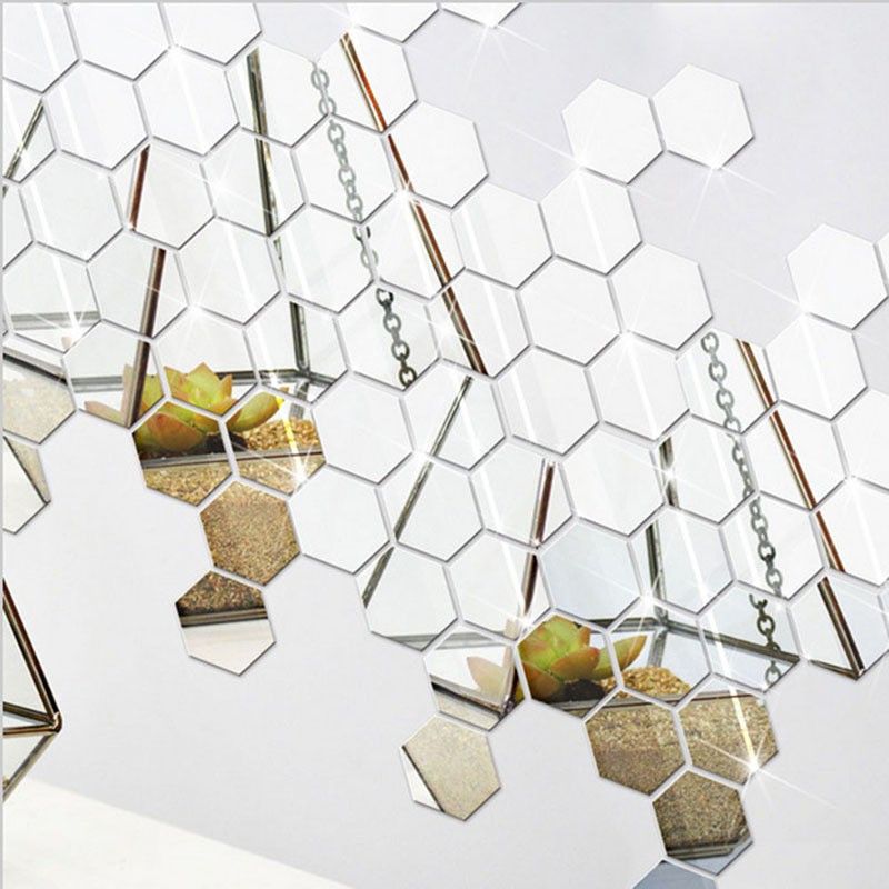 RadhaKripa 151 cm Hexagon 40 silver 3D Acrylic Stickers Mirror Stickers Wall Stickers Self Adhesive Sticker  (Pack of 1)