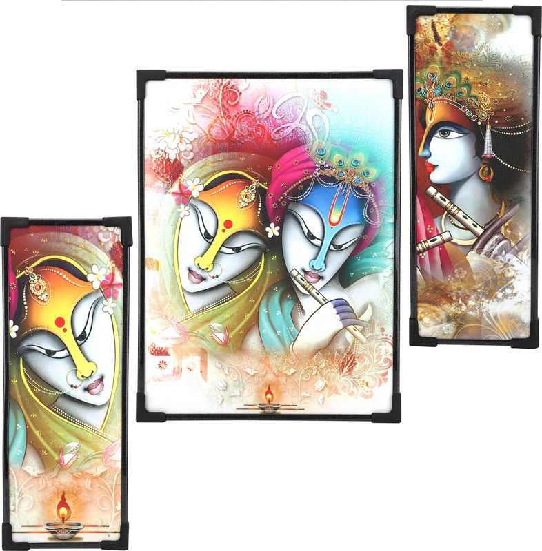 BCOMFORT Radha Krishn Digital Reprint 12 inch x 17.9 inch Painting  (With Frame, Pack of 3)