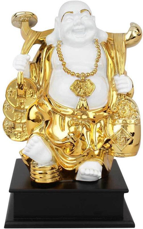StatueStudio Polystone Laughing Buddha Statue For Home Decor Office Corporate Gift Showpiece White Gold (6 × 6 × 11 Inches) Decorative Showpiece - 26 cm  (Polyresin, White, Gold)