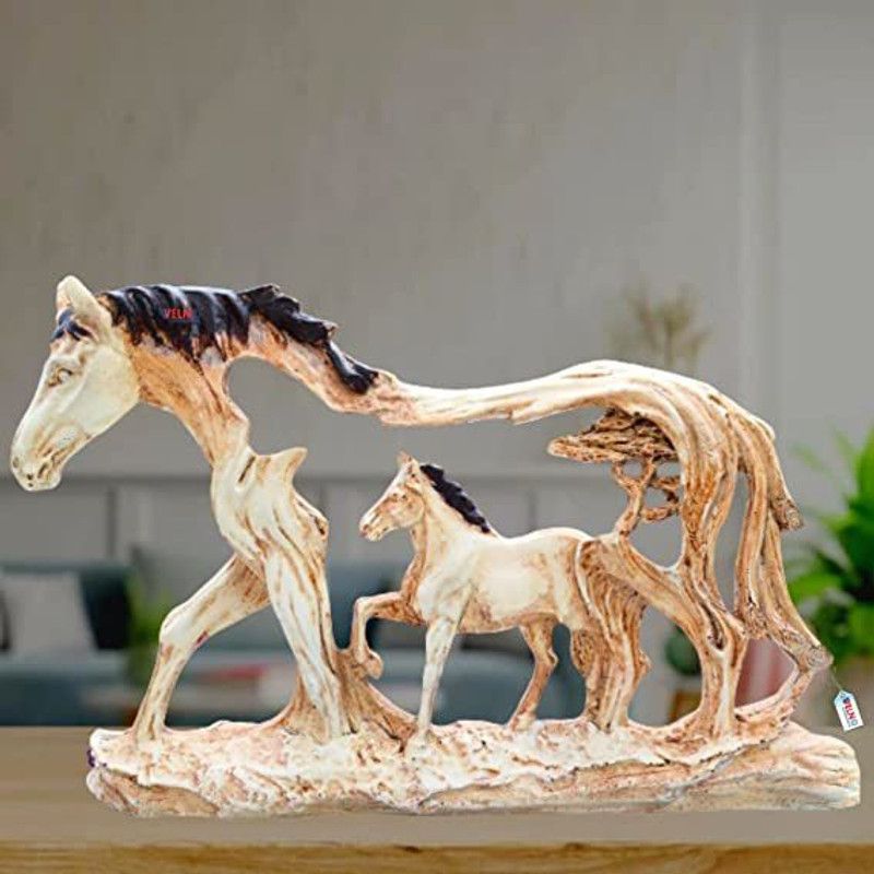 welno international Resin Horse Statue Showpiece with Baby Animal | Antique Finish Decorative Showpiece - 20 cm  (Polyresin, White)