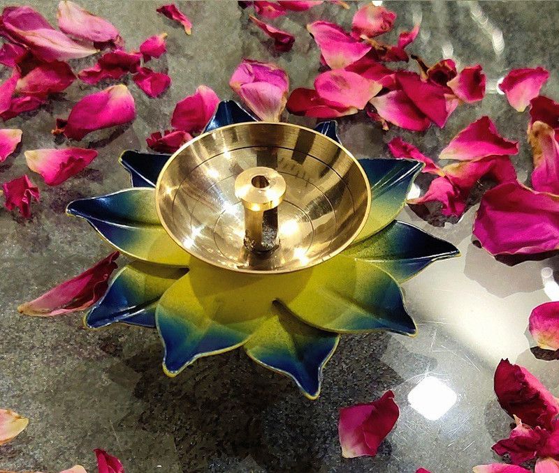 Galleriano Flower Pure Brass Decorative Designer Diya | Lotus Diyas | Traditional Pooja Designer Diwali | Decorative Diya for Diwali | Diwali Diya (Pack of 2, BLUE) Brass (Pack of 2) Table Diya  (Height: 1.5 inch)