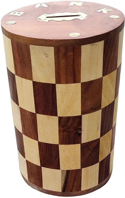 STUFFCOLLECTION Money Box Chess Pattern Embossed Cylindrical Wooden Money Bank Decorative Showpiece - 10.2 cm  (Wood, Brown)