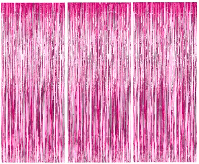 ANVRITI Three Pink Plain fringe foil curtain Pack of 3  (Pink)