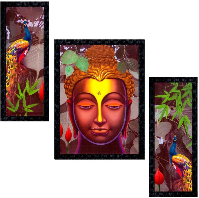 Janki Set of 3 Lord Buddha Modern Art Glass Framed Wall Painting for Home Office and Home Dedcor Digital Reprint 14 inch x 11 inch Painting  (With Frame, Pack of 3)