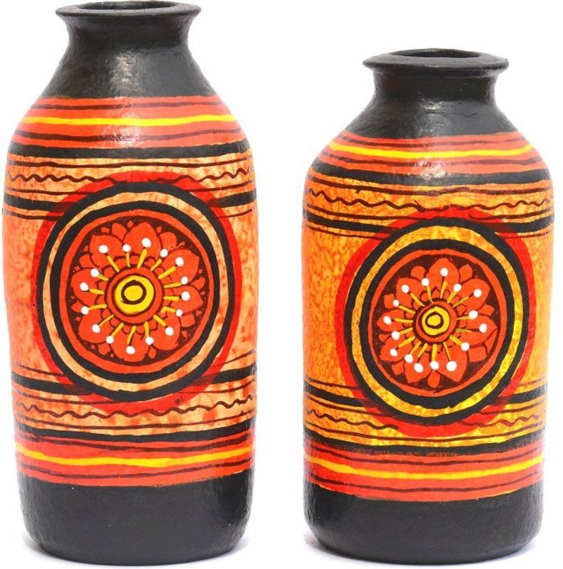 art godaam Hand painted Combo Terracotta Vase  (6.5 inch, Orange)