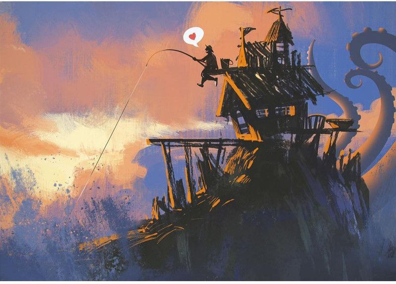 Artzfolio Fisherman On An Old House With A Fishing Rod Vinyl Wall Sticker 39.6x28inch  (Multicolor)
