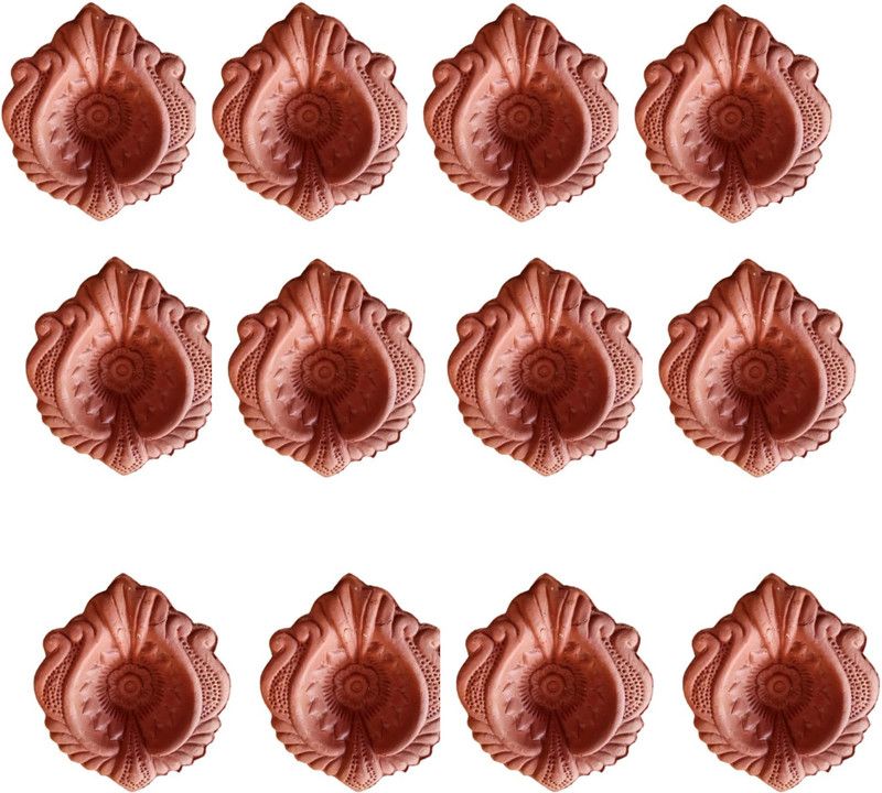 SANGITAMATIKALA Traditional Clay Lamps/Clay Oil Lamps/Mitti Diyas for Decoration Terracotta (Pack of 12) Table Diya Set  (Height: 5 inch)