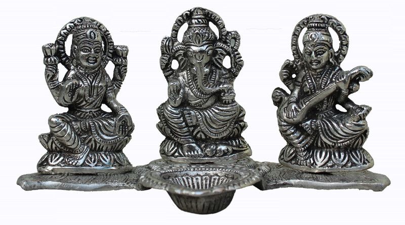 Crafticia Metal Lord Laxmi Ganesh Saraswati Idol Statue with Diya Decoration Pooja Showpiece (8X4 inch, Silver) Aluminium Table Diya  (Height: 4 inch)