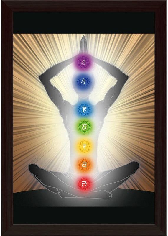 Yoga Position With The Symbols Of Seven Chakras D1 Paper Poster Dark Brown Frame | Top Acrylic Glass 13inch x 19inch (33cms x 48.3cms) Paper Print  (19 inch X 13 inch, Framed)