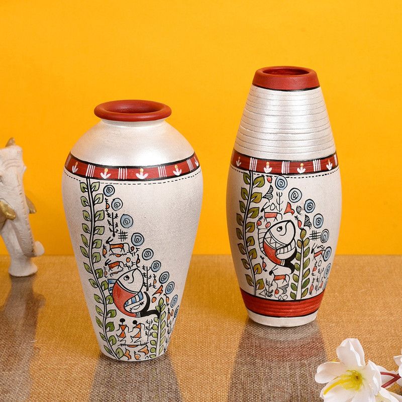 AAKRITI ART CREATIONS Hand-Painted Madhubani Terracotta White Table Pot Vases for Home Decorative Item (Set of 2) Terracotta Vase  (6 inch, Multicolor)