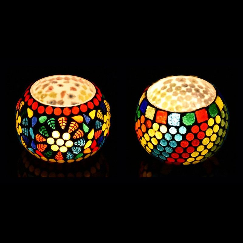 iHandikart Mosaic Tea Light Candle Holder Pack Of 2 (9131) Glass 0 - Cup Tealight Holder  (Multicolor, Pack of 2)